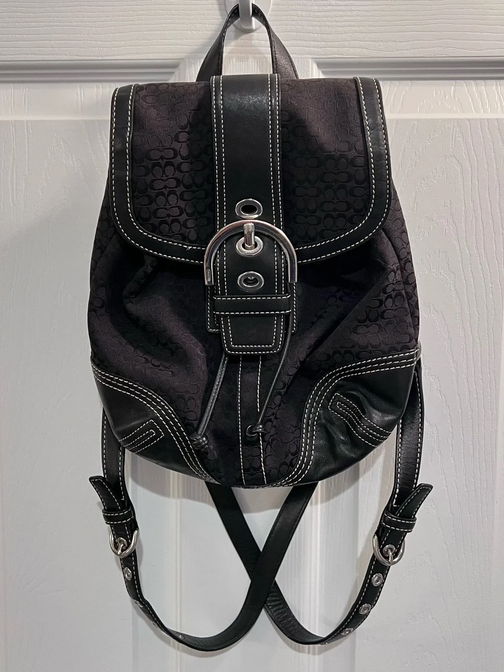 Coach Black Logo-Print Canvas & Leather Backpack with Silver Hardware